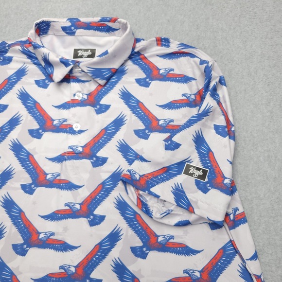 Waggle Polo Shirt Mens 2XL White Blue Red Eagle Print Golf Performance Stretch - Picture 3 of 9